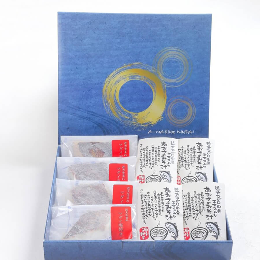 近大生まれマダイ 焼味二種食べ比べ(4種)と、近大マグロ中骨エキス入りあおさの味噌汁(4食)セット　6,000円（税込）