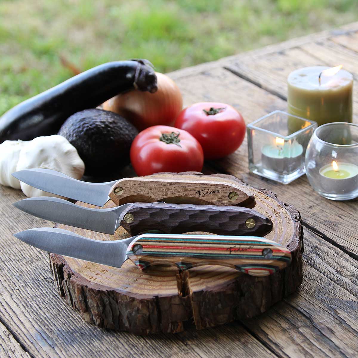 【FEDECA】折り畳み式料理ナイフ 天然木 プレーン黒檀 9.3cm